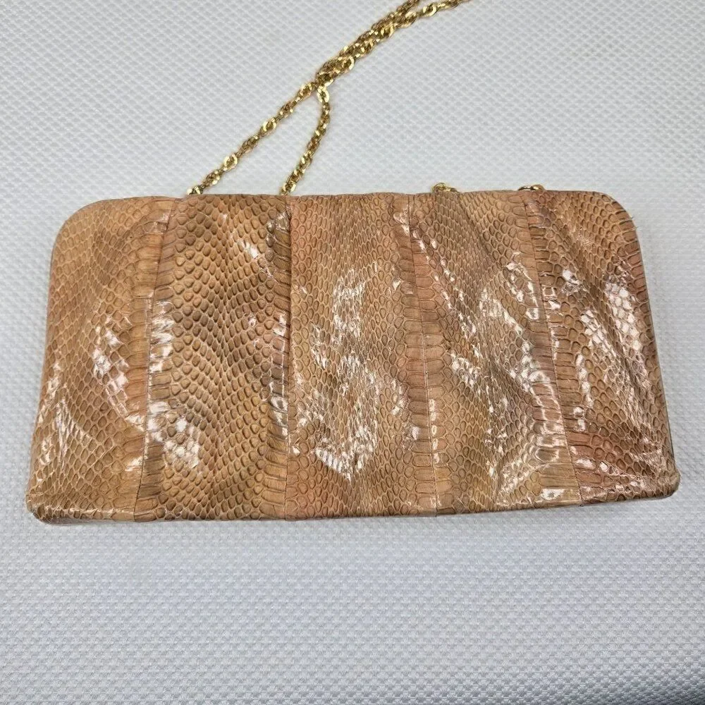 Vintage Snake Skin Leather Clutch Purse Gold Chain Strap